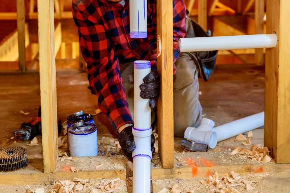 Plombier installant un système de plomberie en PVC dans une structure boisée en cours de construction